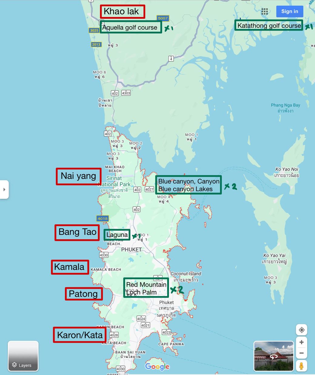 Map of Phuket golf courses and towns, from Khao Lak in the north to Kata and Karon in the south
